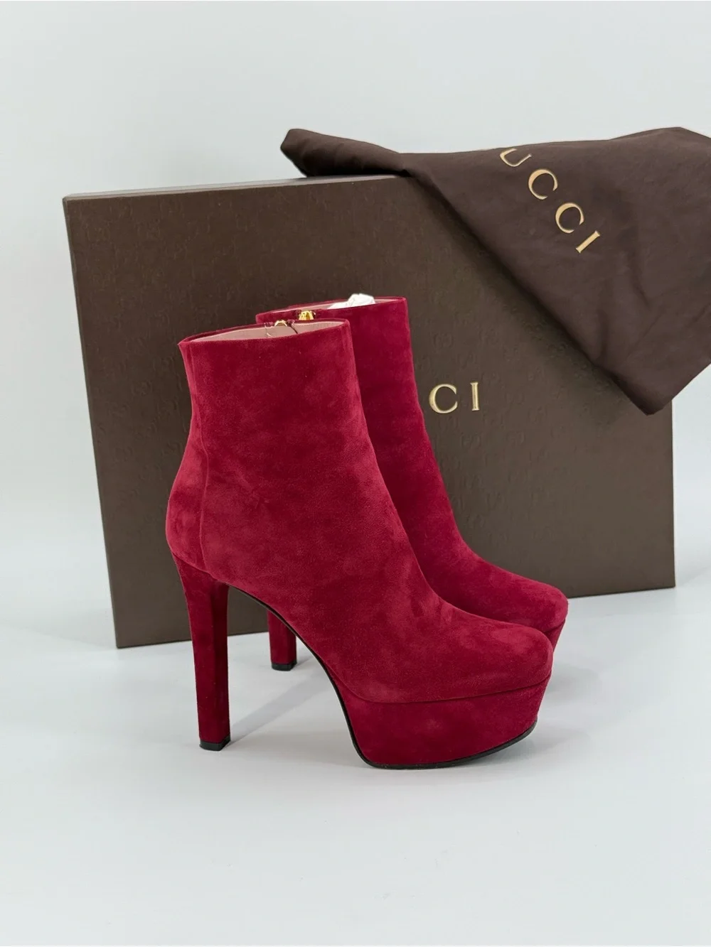Gucci Kid Scamosciato Burgundy Suede Platform Ankle Boots Heels Zip Luxury SZ 6